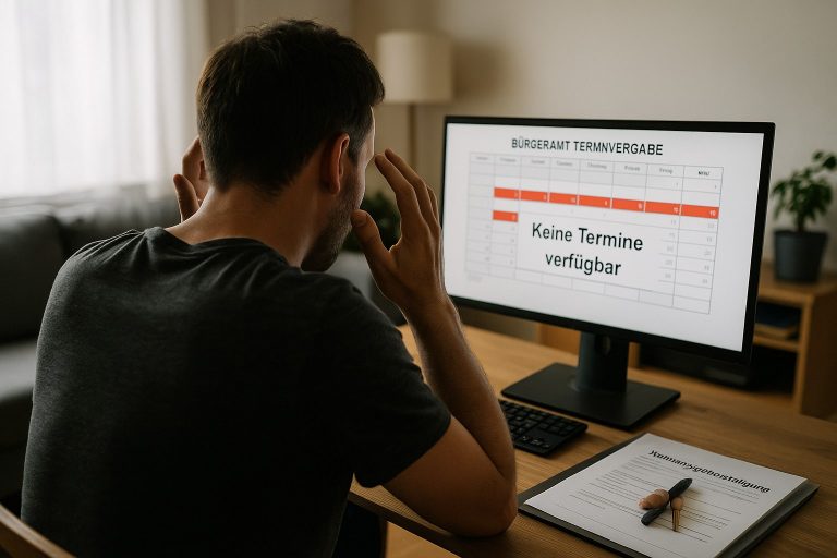 Hombre frustrado frente a su ordenador con la web del Bürgeramt mostrando “Keine Termine verfügbar” al intentar conseguir cita para el empadronamiento en Alemania.