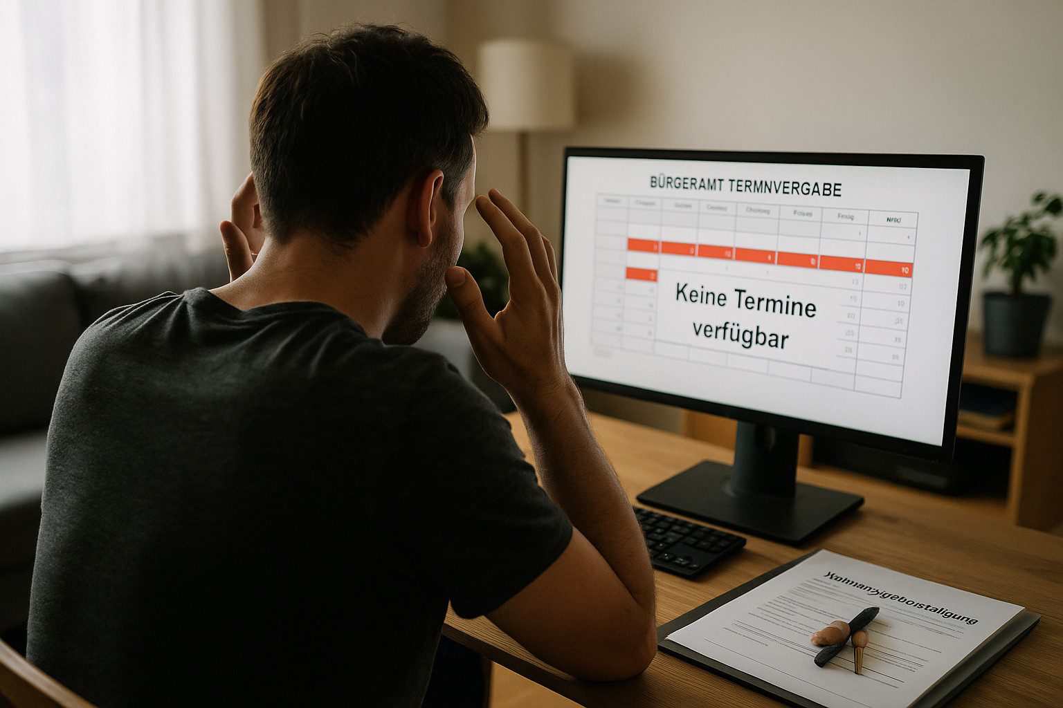Hombre frustrado frente a su ordenador con la web del Bürgeramt mostrando “Keine Termine verfügbar” al intentar conseguir cita para el empadronamiento en Alemania.
