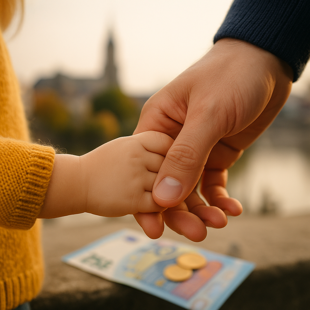 Mano de adulto sosteniendo la mano de un niño, símbolo del apoyo familiar en Alemania, relacionada con la ayuda Kindergeld 2025.