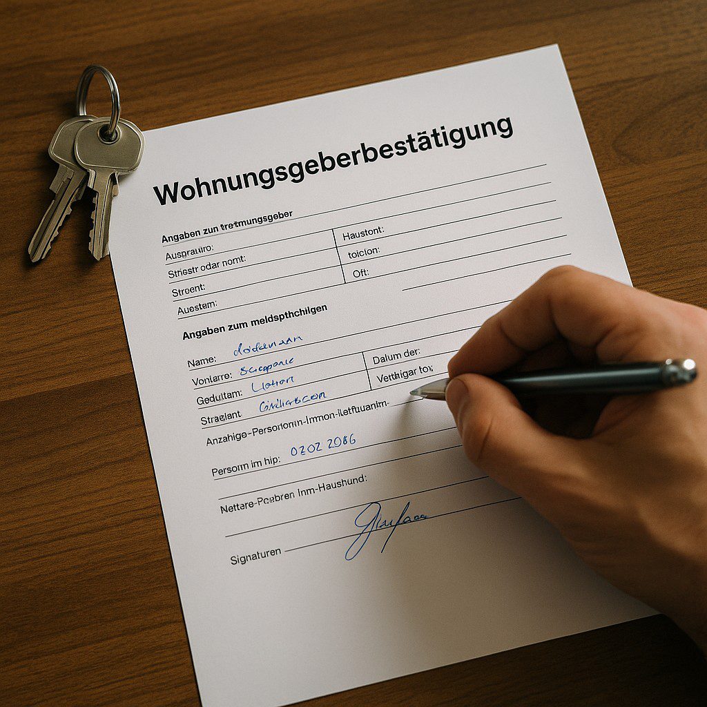 Mano firmando el formulario oficial Wohnungsgeberbestätigung, documento necesario para el empadronamiento (Anmeldung) en Alemania.
