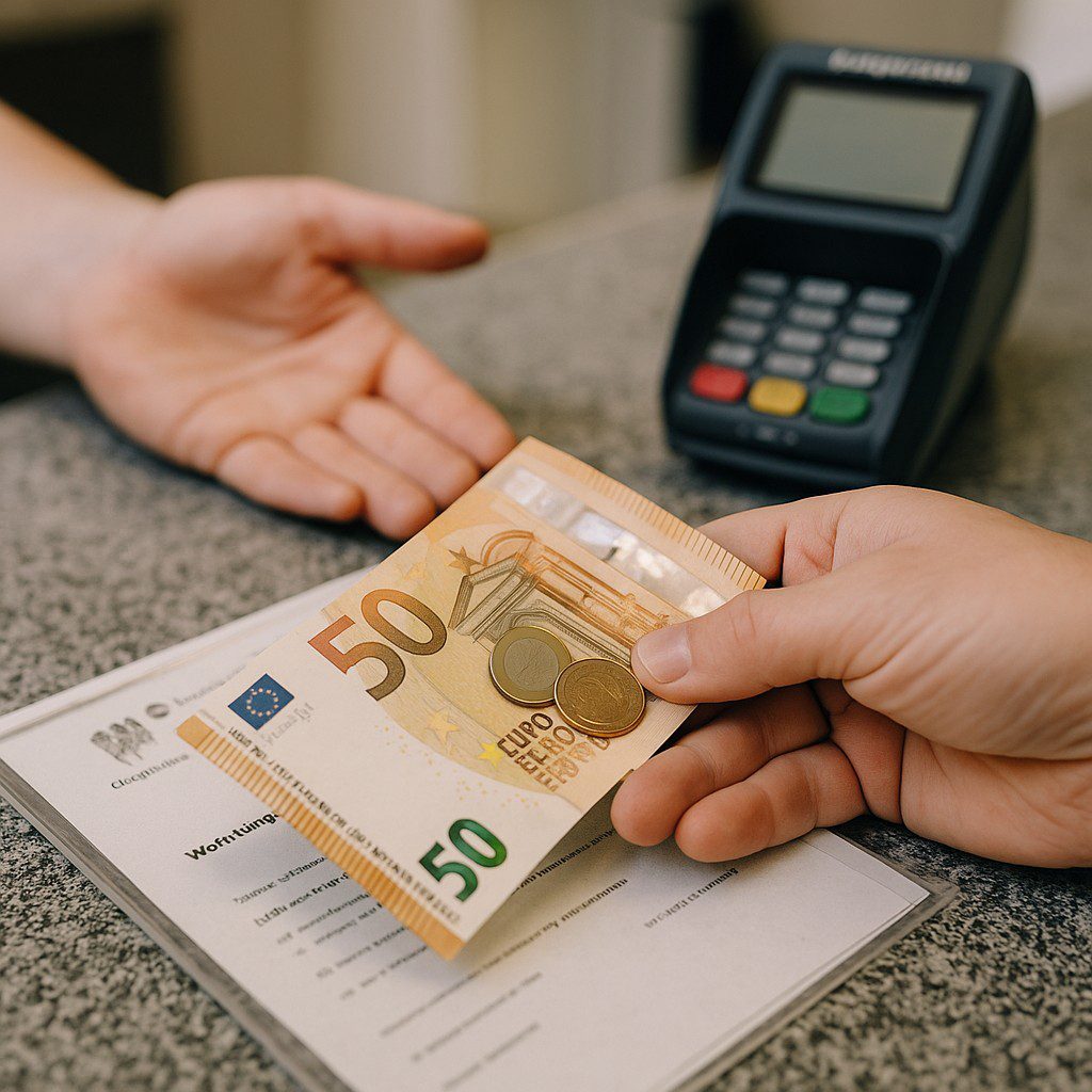 Persona pagando con billetes y monedas de euro en el Bürgeramt durante el trámite de empadronamiento.